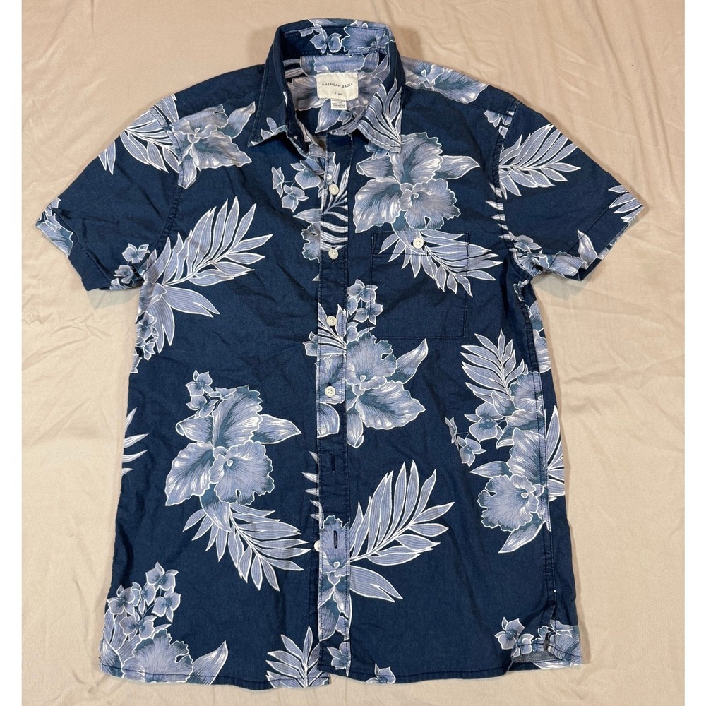 American Eagle Flex Short Sleeve Button Down XS Navy Blue Floral Print